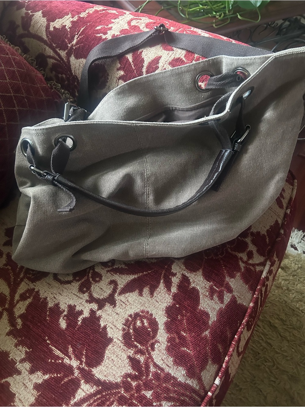Canvas Tote Bag with Dark Brown Trim - Taupe